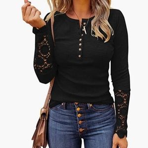 ⭐ Women's Long Sleeve Lace Trim Tunic Tops Button Down Casual Blouse Cut…